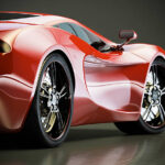 Close view of a sleek red sports car against a dark background. This car is designed and modelled by myself. Very high resolution 3D render. All markings are ficticiuos.